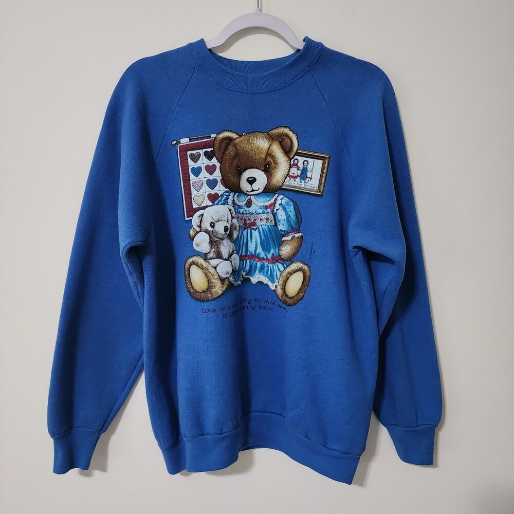 Vtg Fruit of the Loom Bear Sweatshirt L Blue Springhill 1268 Love Is Hard Quote